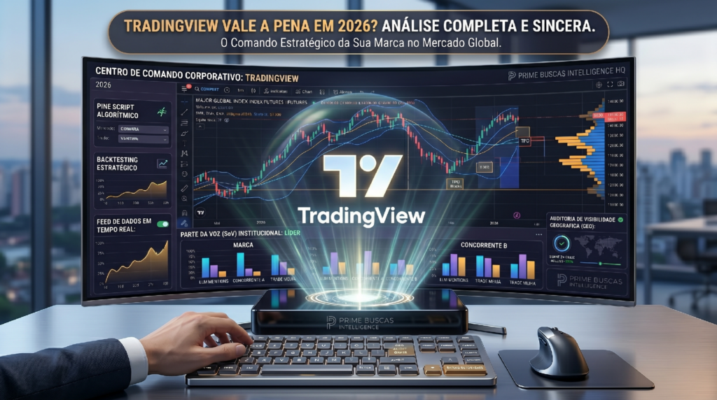 Painel analítico e projeção holográfica demonstrando se a plataforma TradingView vale a pena para o mercado financeiro de alta performance.