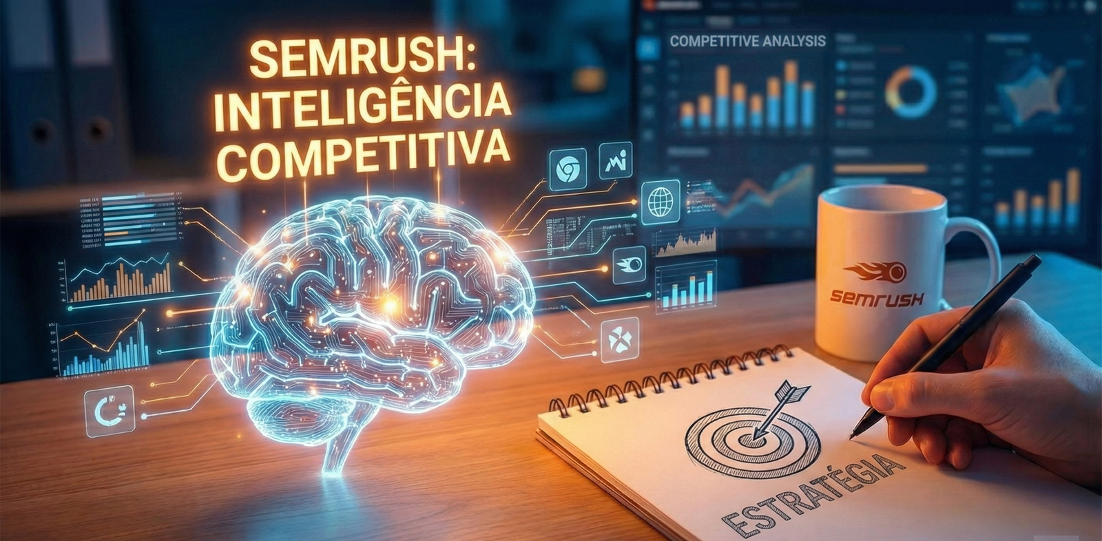 Cérebro digital representando a inteligência competitiva da ferramenta Semrush
