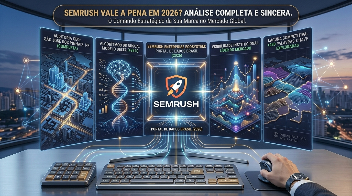 Visualização tridimensional abstrata de fluxos de dados de mercado e redes neuronais em nuvem, com representação conceptual para GEO análise do Paraná (São José dos Pinhais) e Rio Grande do Sul (Gramado), utilizando a ferramenta Semrush para inteligência competitiva no portal Prime Buscas.