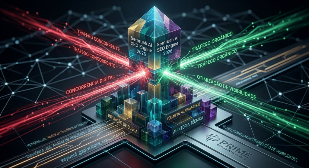 Diagrama tridimensional de fluxo de dados provando que o Semrush vale a pena para tráfego orgânico.
