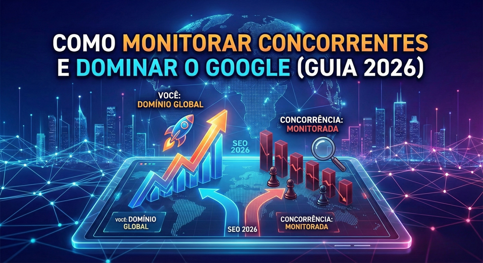 Banner ilustrativo com gráficos de crescimento e ícones de monitoramento, mostrando como monitorar concorrentes para dominar o Google em 2026, com o logo da Prime Buscas no canto inferior.