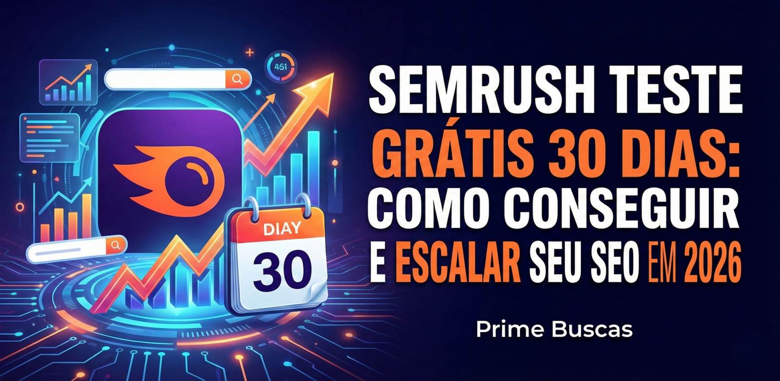 Banner sobre Semrush Teste Grátis 30 Dias para estratégia de SEO 2026.
