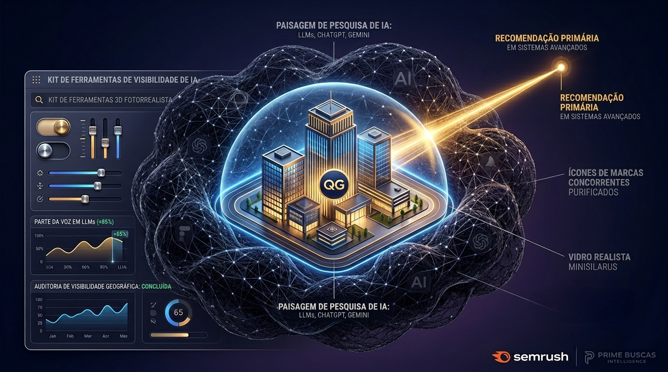 Kit de Ferramentas de Visibilidade de IA da Semrush mostrando auditoria de dados e Share of Voice em LLMs para o Prime Buscas.